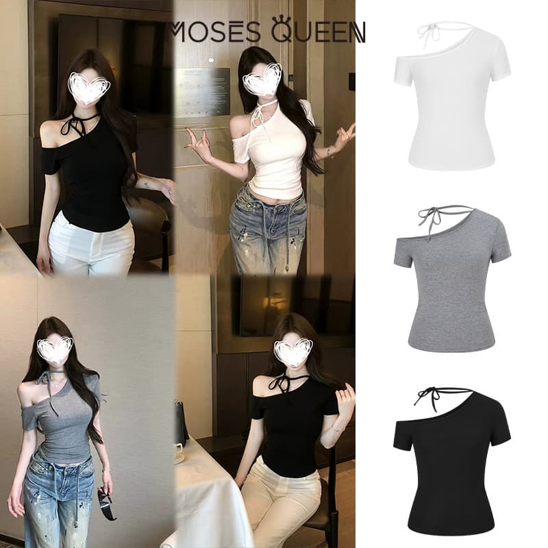 MOSESQUEEN เสื้อยืดแขนสั้นสายเดี่ยว คอวี สไตล์หวานและเผ็ดสำหรับผู้หญิง เข้ารูปและเซ็กซี่ #63639 รูปที่ 8