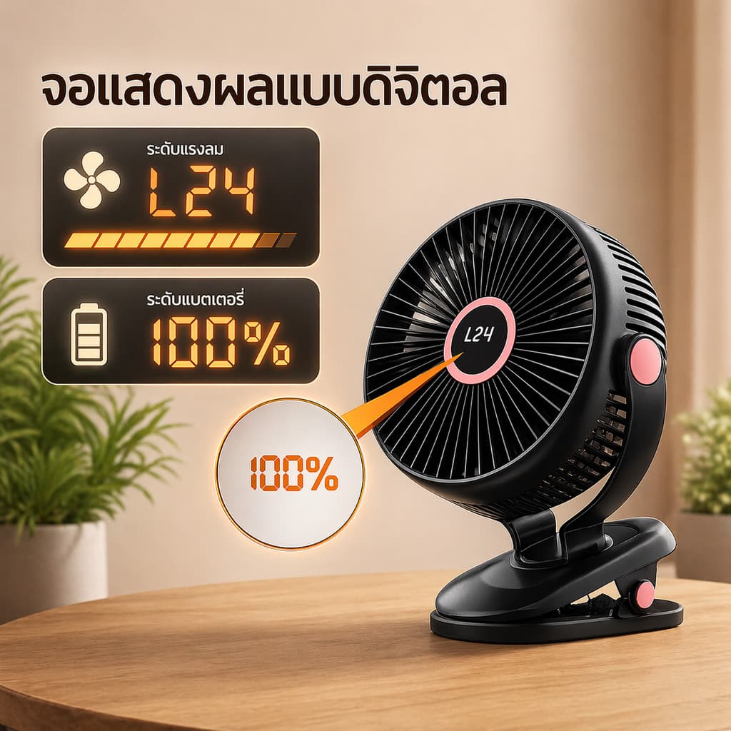 พัดลมไร้สาย JH-022 8 นิ้ว หน้ากว้าง ลมแรง 5 ระดับ ชาร์จไฟ 10,000mAh ใช้งาน 10 ชม. คลิปหนีบ รูปที่ 4