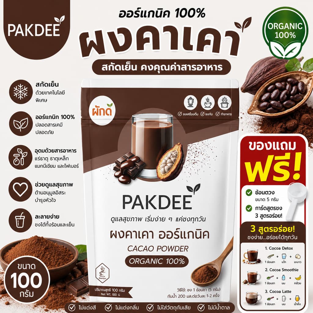 ผงคาเคา ออร์แกนิค 100% ขนาด 100 กรัม ไฟเบอร์สูง 0% น้ำตาล และสารปรุงแต่ง