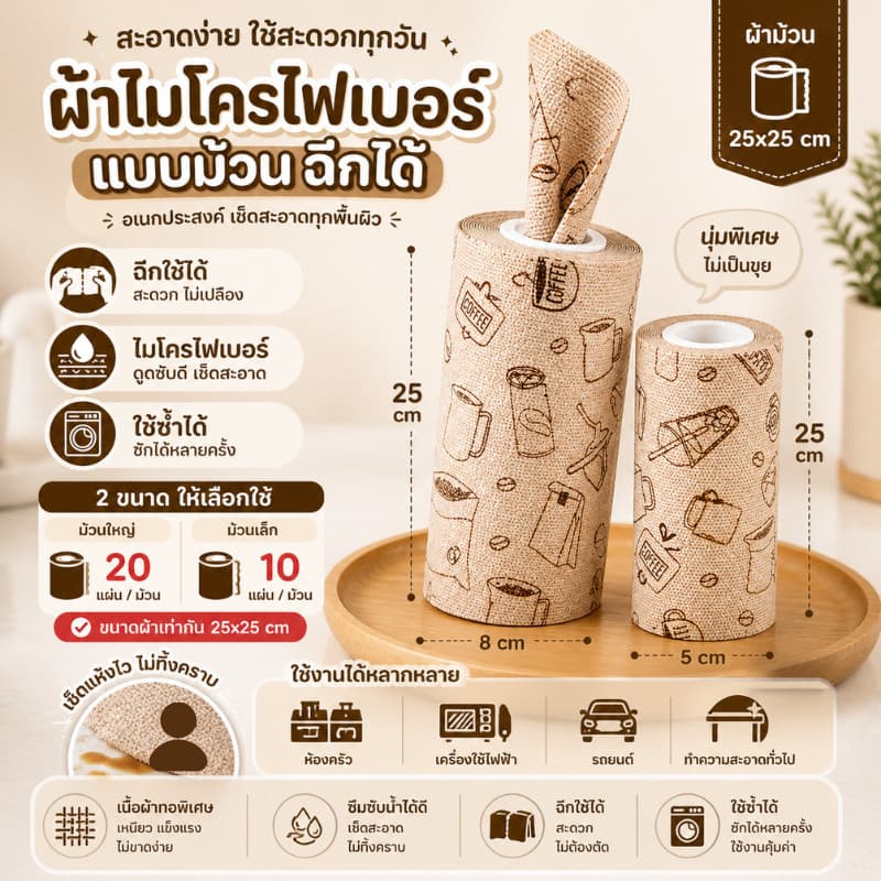 ผ้าไมโครไฟเบอร์ แบบม้วน ฉีกได้ 25x25cm ผ้าทำความสะอาดแบบม้วน เช็ดครัวเช็ดบ้าน อเนกประสงค์ รูปที่ 9