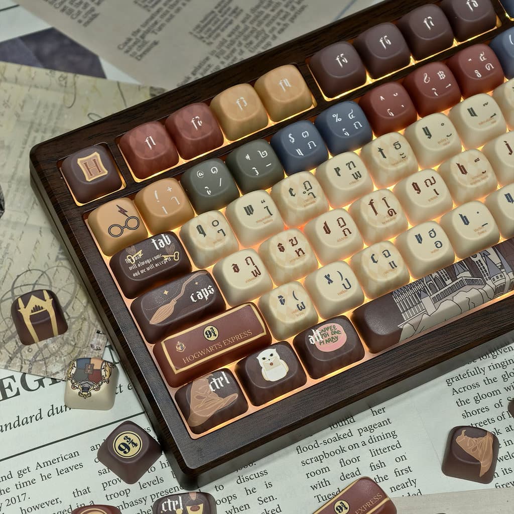 Harry Potter Thai Keycaps 125 คีย์ MOA/เชอร์รี่โปรไฟล์ PBT Dye Sublimation Wooting Aula F75 รอบ Keycaps Cool สีน้ําตาล Magic School Hedwig Hogwarts Keycap รูปที่ 5
