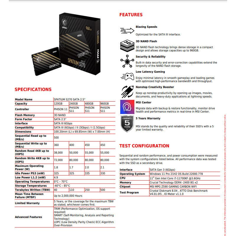 MSI SSD SPATIUM S270 120GB / 240GB / 480GB SATA 2.5" รูปที่ 6