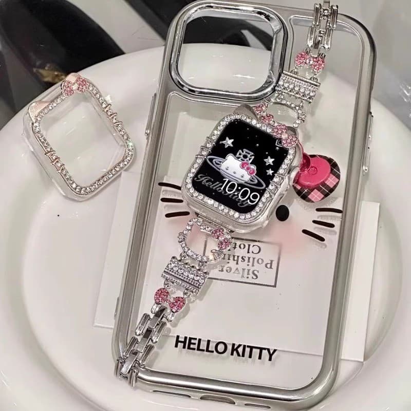 KT cat สายโลหะเพชรเงา + เคส hollow สําหรับ Apple Watch Ultra 2/S11/S10/S9/S8/S7/S6/S5/S4/S3/S2/SE iWatch 49/46/45/44/42/41/40/38 มม. รูปที่ 5