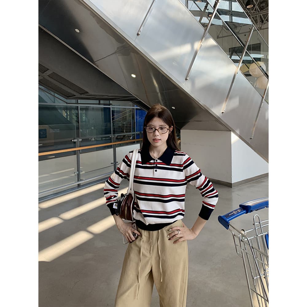 Vogue เสื้อไหมพรมแขนยาว คอปก ดีเทลลายทางสไตล์เกาหลี รูปที่ 6