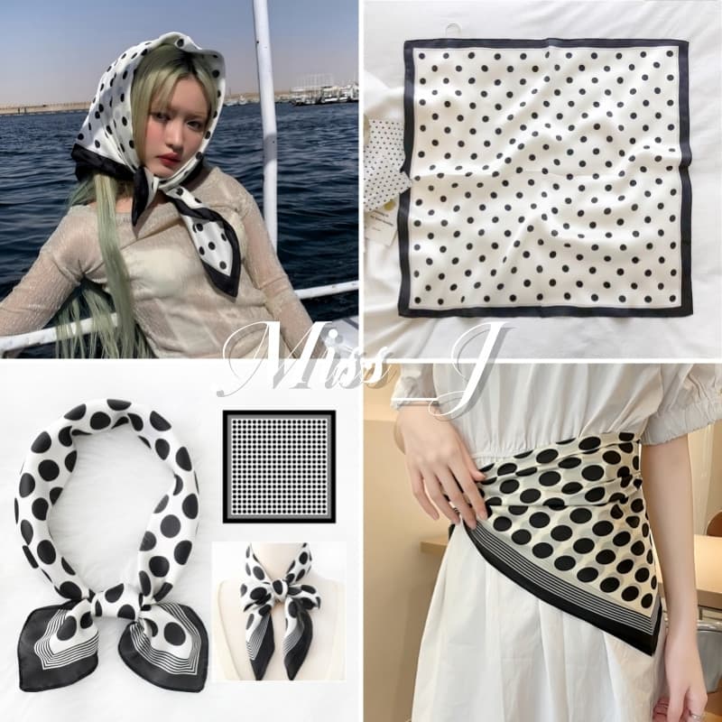 Miss_J จากกทมPolkadot style ผ้าโพกผมลายจุดผ้าผูก ขนาด 70x70 cm. ผ้าพันคอลายจุด ผ้าพันคอออลแมตช์ รูปที่ 1