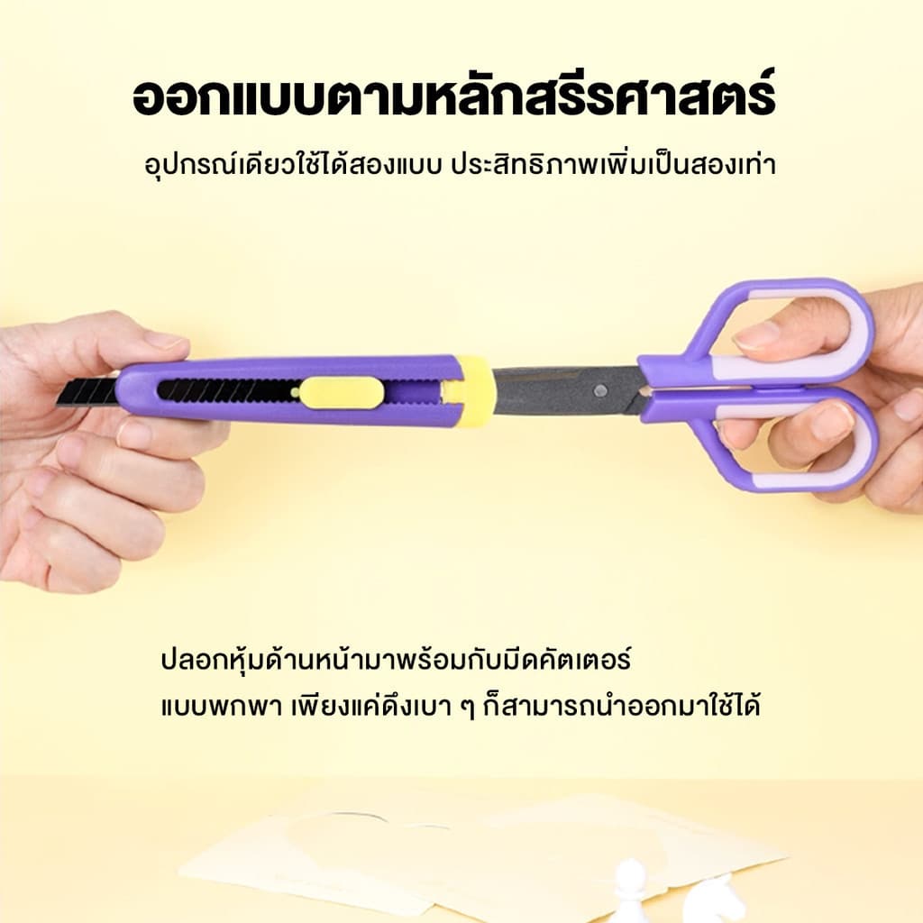 กรรไกร มีดพับ 2-ใน-1กรรไกรเคลือบฟลูออรีน สำหรับสำนักงานและบ้าน คมมาก ตัดเทปได้ กรรไกรไม่ติด เครื่องตัดในตัว สแตนเลส รูปที่ 6
