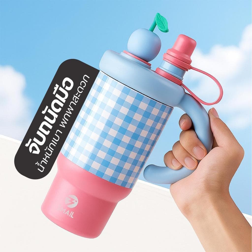 แก้วน้ำเก็บอุณหภูมิ 800ml สแตนเลส316 ลายสก๊อต ดื่มได้2แบบ 2in1 กันรั่ว พกพาง่าย สีสวย3แบบ รูปที่ 2