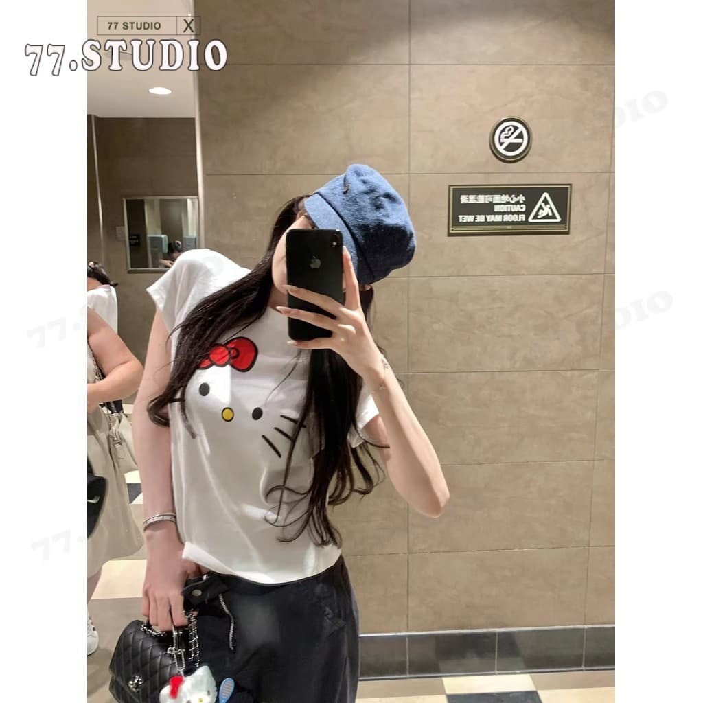 เสื้อครอป cotton t shirt ลายการ์ตูน สีขาว แขนสั้น เสื้อเชิ้ตผู้หญิง baby tee S-XL รูปที่ 5