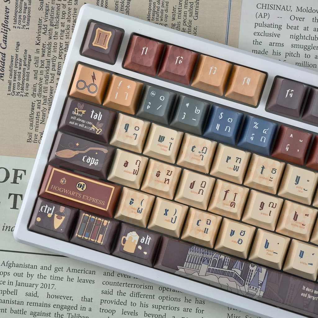 Harry Potter Thai Keycaps 125 คีย์ MOA/เชอร์รี่โปรไฟล์ PBT Dye Sublimation Wooting Aula F75 รอบ Keycaps Cool สีน้ําตาล Magic School Hedwig Hogwarts Keycap รูปที่ 9
