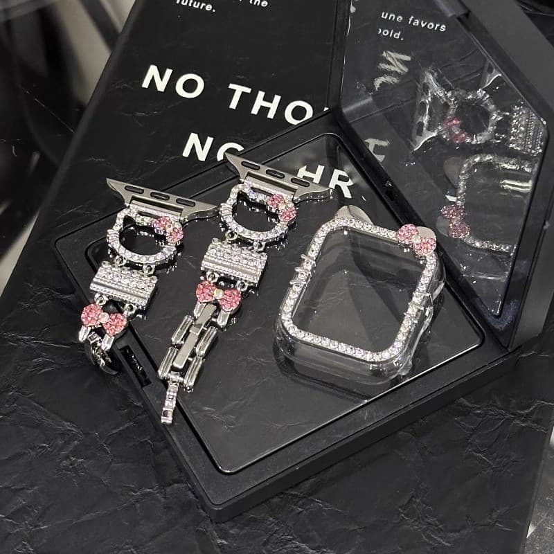 KT cat สายโลหะเพชรเงา + เคส hollow สําหรับ Apple Watch Ultra 2/S11/S10/S9/S8/S7/S6/S5/S4/S3/S2/SE iWatch 49/46/45/44/42/41/40/38 มม. รูปที่ 4