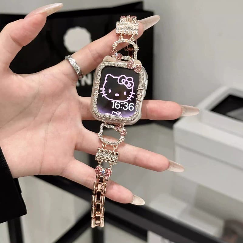 KT cat สายโลหะเพชรเงา + เคส hollow สําหรับ Apple Watch Ultra 2/S11/S10/S9/S8/S7/S6/S5/S4/S3/S2/SE iWatch 49/46/45/44/42/41/40/38 มม. รูปที่ 1