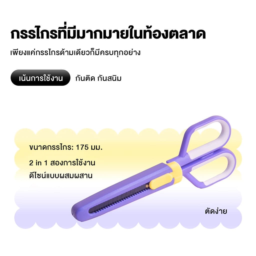 กรรไกร มีดพับ 2-ใน-1กรรไกรเคลือบฟลูออรีน สำหรับสำนักงานและบ้าน คมมาก ตัดเทปได้ กรรไกรไม่ติด เครื่องตัดในตัว สแตนเลส รูปที่ 4