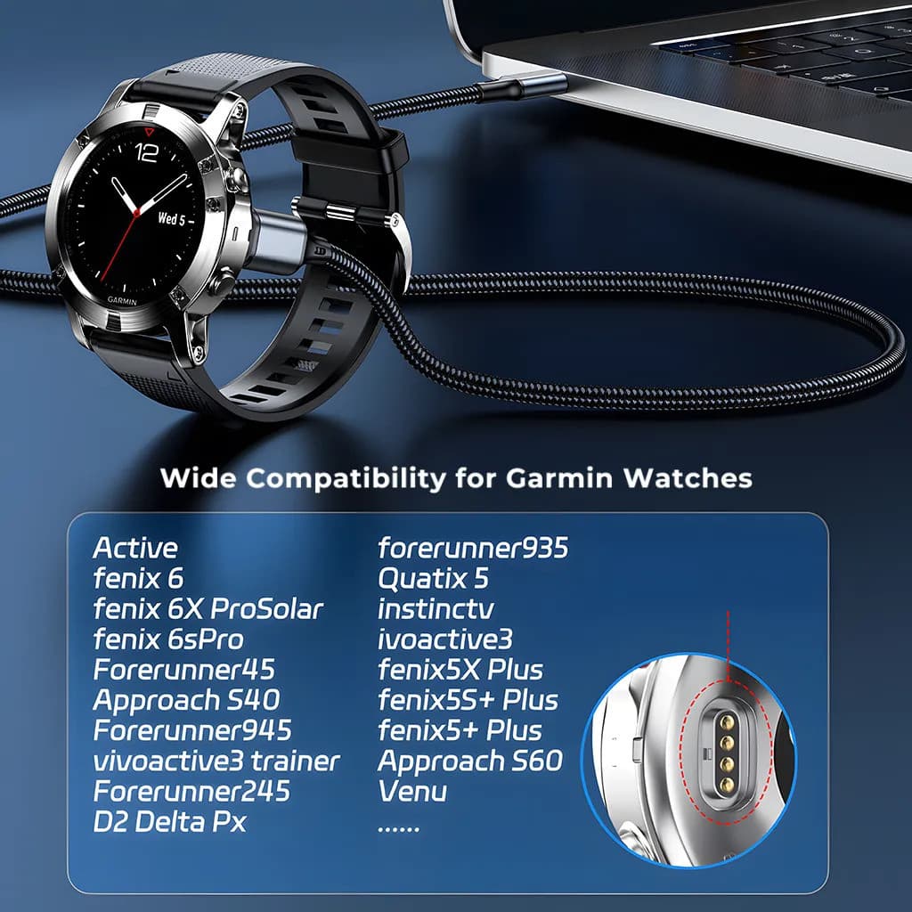 สายชาร์จ Garmin 4-Pin 2-in-1 USB-A/Type-C เสถียร ปลอดภัย สายถักทน รองรับ Forerunner 245/265, Fenix 7 รูปที่ 7