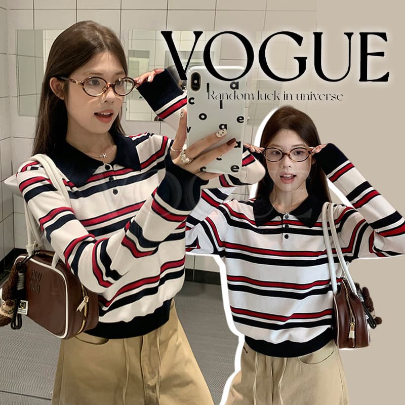 Vogue เสื้อไหมพรมแขนยาว คอปก ดีเทลลายทางสไตล์เกาหลี รูปที่ 1