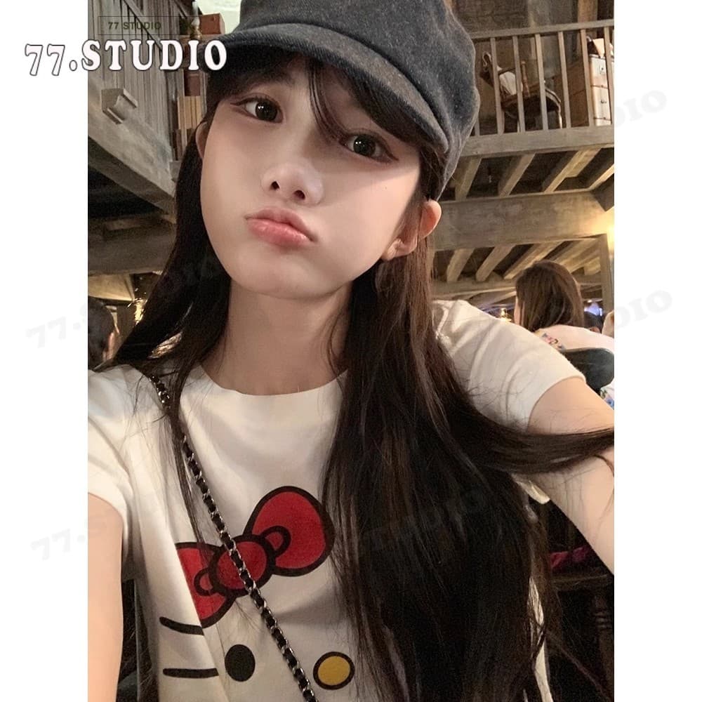 เสื้อครอป cotton t shirt ลายการ์ตูน สีขาว แขนสั้น เสื้อเชิ้ตผู้หญิง baby tee S-XL รูปที่ 3