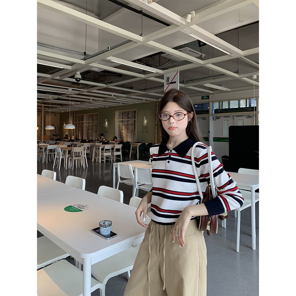 Vogue เสื้อไหมพรมแขนยาว คอปก ดีเทลลายทางสไตล์เกาหลี รูปที่ 8