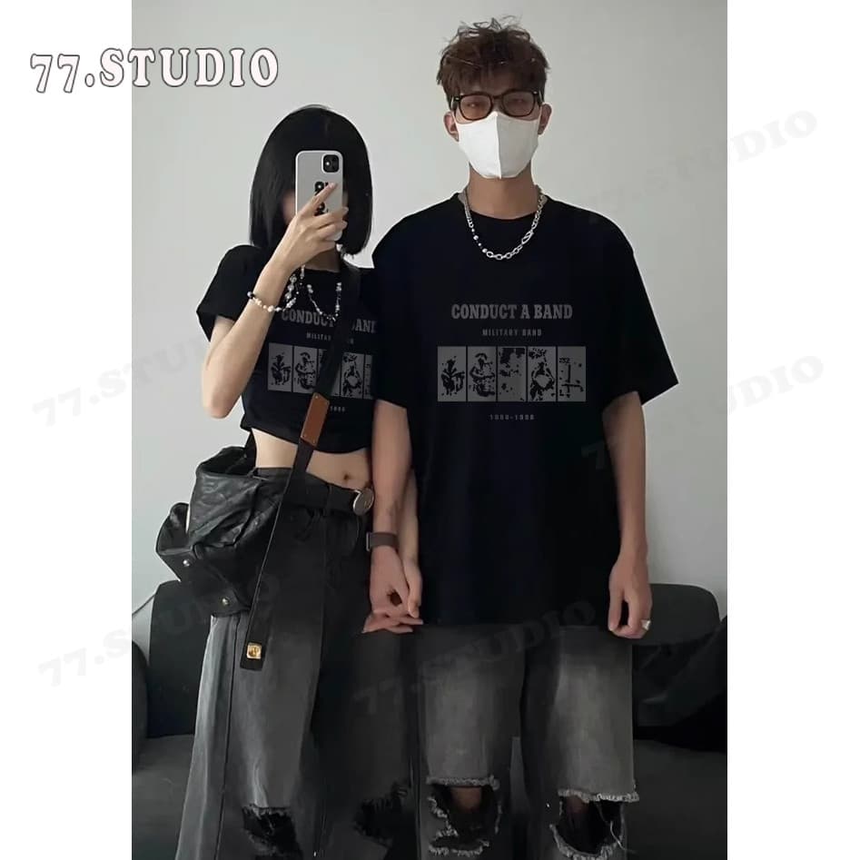 จากกทม มาถึงใน 2วัน）เสื้อผ้าคู่รัก เสื้อยืดยอดฮิตสไตล์ญี่ปุ่นและเกาหลี เสื้อยืดแขนสั้น เสื้อเชิ้ตลำลองสบายcouple รูปที่ 2
