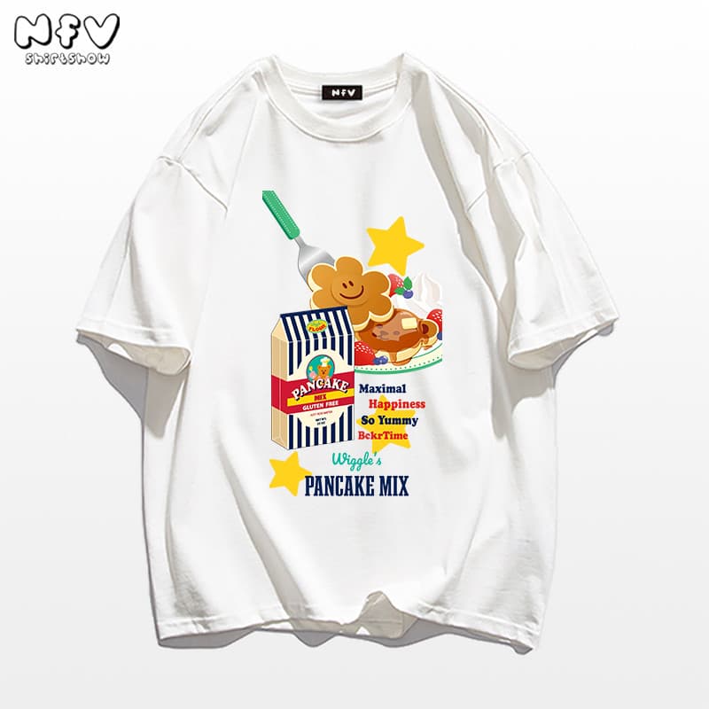 NFV สไตล์เกาหลีเสื้อยืด oversize ใส่สบาย ลวดลายเค้กการ์ตูน ระบายอากาศ ผ้าฝ้าย YG3525 รูปที่ 7