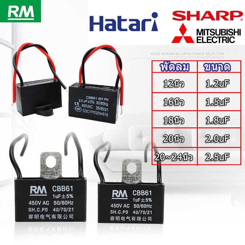 H·G คาปาซิเตอร์ พัดลม​ มีสายไฟ ตัวเก็บประจุ Capacitor คอนเดนเซอร์พัดลม CBB61 1.5uF/1.8/2.0/3.5uF อะไหล่พัดลม รูปที่ 1
