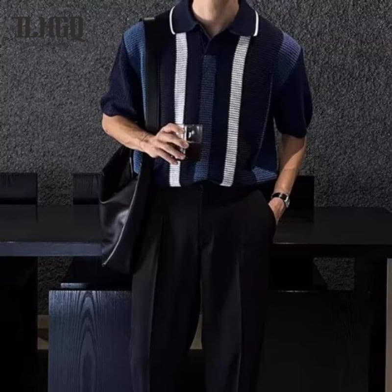 TLHGQ เสื้อโปโลแขนสั้นผ้าถักสไตล์เกาหลี เหมาะสำหรับฤดูร้อนและผู้ชาย รูปที่ 4