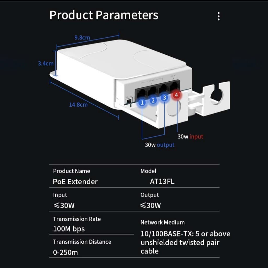 5 พอร์ตกันน้ํา POE Extender 4 พอร์ต Repeater 100/1000Mbps เครือข่ายกลางแจ้ง IP55 VLAN 44-57V สําหรับกล้อง POE Wierless AP รูปที่ 9