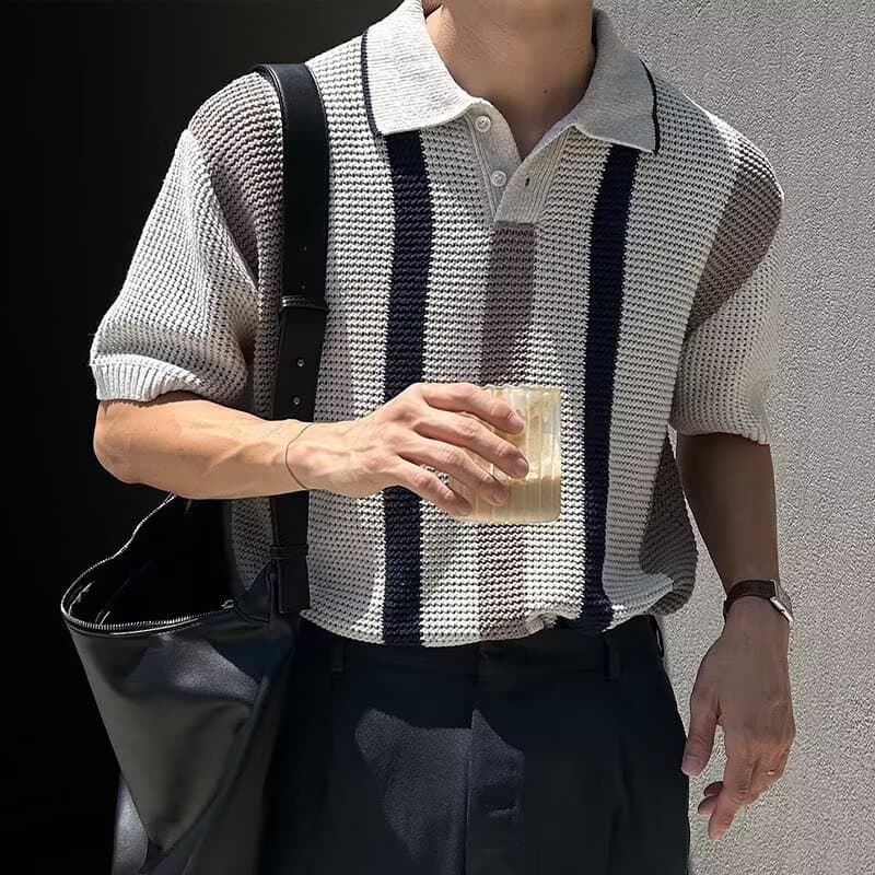 TLHGQ เสื้อโปโลแขนสั้นผ้าถักสไตล์เกาหลี เหมาะสำหรับฤดูร้อนและผู้ชาย รูปที่ 1