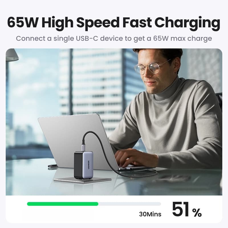 UGREEN 65W GaN Charger 2C1A Fast Charger QC 4.0 PD3.0 สําหรับ IPhone Samsung Xiaomi Huawei แล็ปท็อปแท็บเล็ต รูปที่ 3