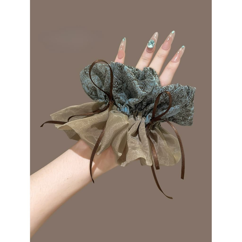 Vintage Floral Print Double-Lay Hair Rope Hair Ties Scrunchies เครื่องประดับผม รูปที่ 2