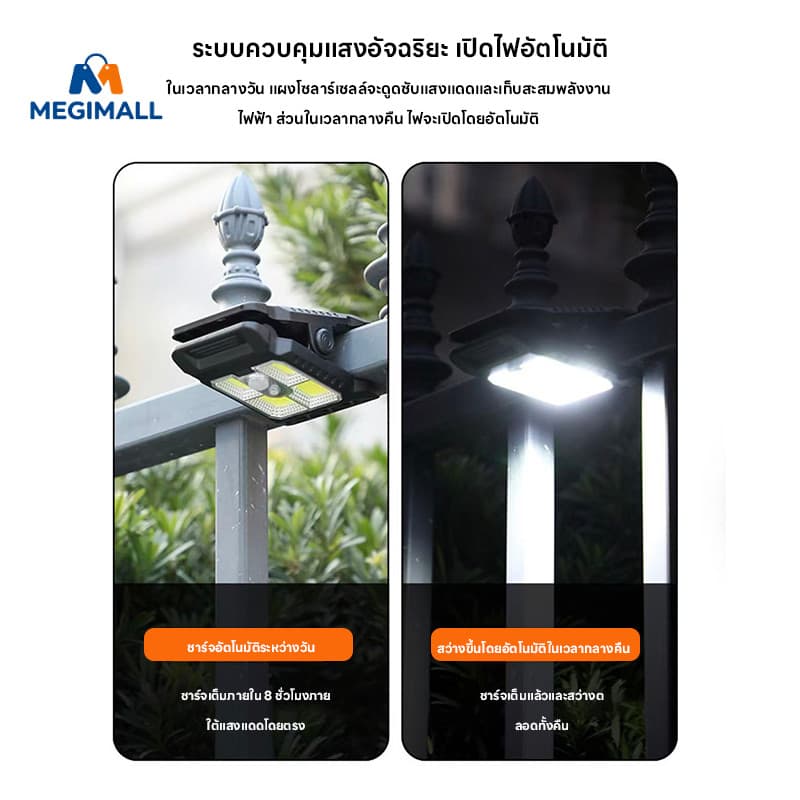 ไฟคลิปโซลาร์ ไฟโซล่าเซลล์ โคมไฟสนาม ความสว่างสูง มีเซ็นเซอร์อัตโนมัติ กันน้ำIP65 หนีบได้ทุกที่ รูปที่ 4