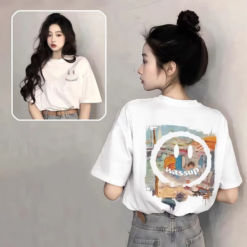 จัดส่งตลอด 24 ชั่วโมงเสื้อยืดผ้าคอตตอน 100% สำหรับผู้หญิง Oversize เสื้อผ้าย้อนยุค เวอร์ชั่นเกาหลี พิมพ์คอกลม แขนสั้น รูปที่ 2