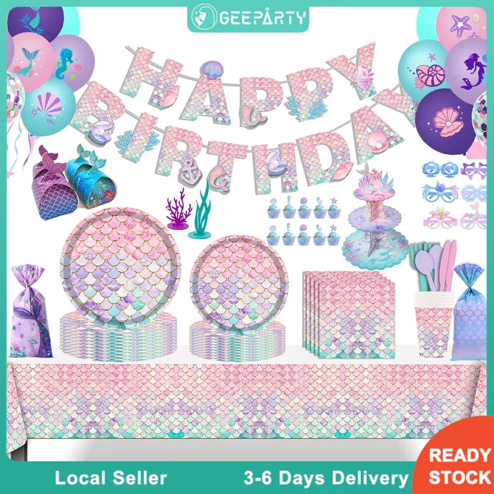 GeeParty ชุดอุปกรณ์บนโต๊ะธีมนางเงือก จานและแก้วใช้แล้วทิ้ง สำหรับตกแต่งงานวันเกิดเด็กผู้หญิง รูปที่ 1