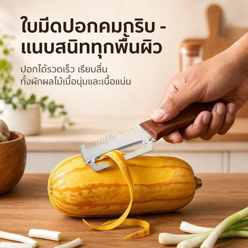 PPH เครื่องปอกมัลติฟังก์ชั่น 3-ใน-1 ใหม่ เครื่องปอกผักสแตนเลสพร้อมด้ามจับไม้ ที่เปิดขวด สําหรับมันฝรั่งแครอท รูปที่ 5