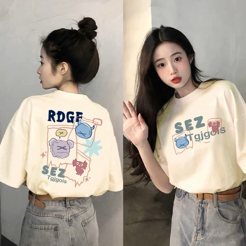 จัดส่งตลอด 24 ชั่วโมงเสื้อยืดผ้าคอตตอน 100% สำหรับผู้หญิง Oversize เสื้อผ้าย้อนยุค เวอร์ชั่นเกาหลี พิมพ์คอกลม แขนสั้น รูปที่ 7