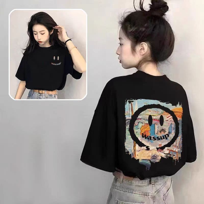 จัดส่งตลอด 24 ชั่วโมงเสื้อยืดผ้าคอตตอน 100% สำหรับผู้หญิง Oversize เสื้อผ้าย้อนยุค เวอร์ชั่นเกาหลี พิมพ์คอกลม แขนสั้น รูปที่ 1