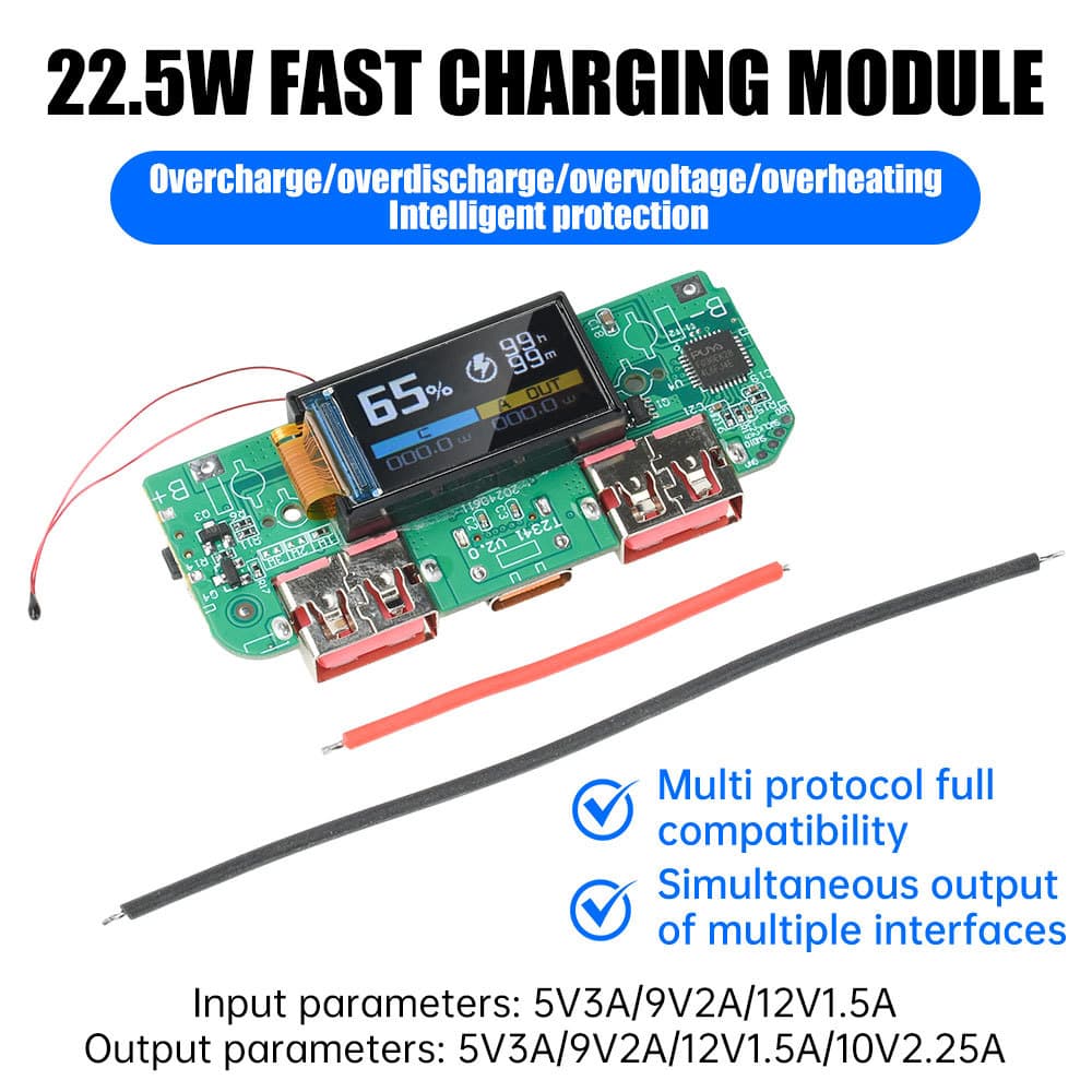 22.5W PD/QC หน้าจอสี Super Fast ชาร์จโมดูลวงจร DIY เมนบอร์ด 5V 3A/9V 2A/12V 1.5A/10V2.25A รูปที่ 3