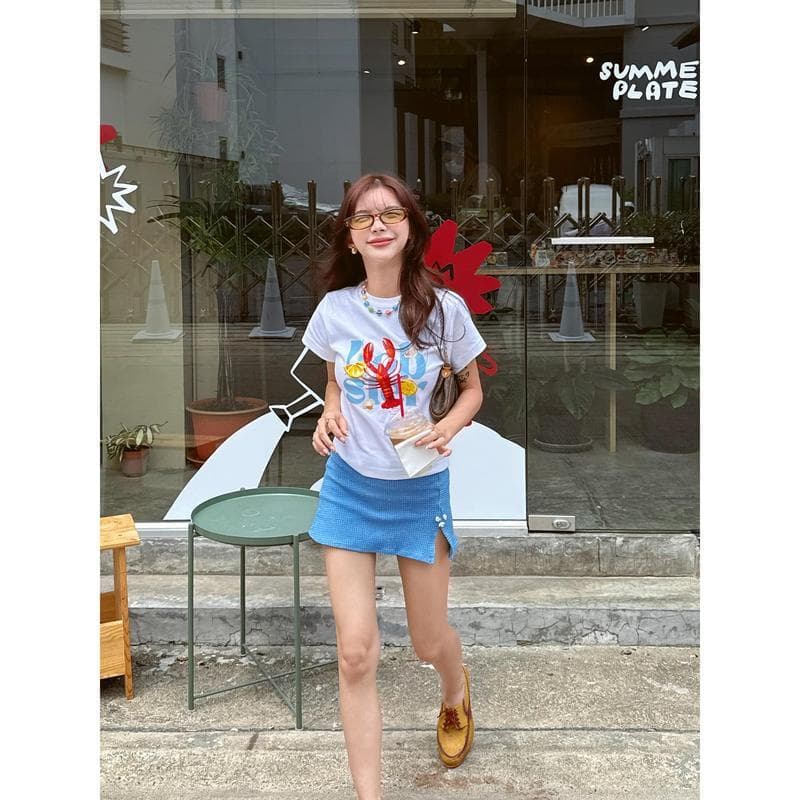 เสื้อยืด baby tee ลายล็อบสเตอร์ เสื้อครอปแนวอเมริกันซัมเมอร์ คอตตอน 100% crop top น่ารัก รูปที่ 1