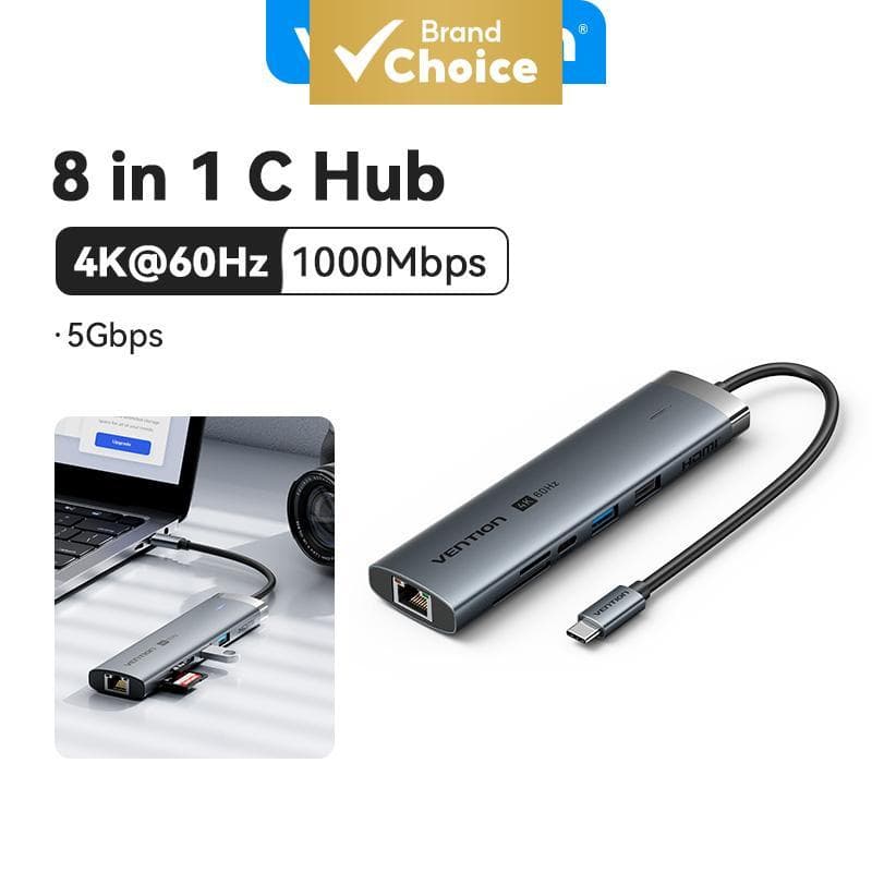 Vention 8-In-1 ฮับมัลติพอร์ต Type-C 4K Hdmi Vga Lan อะแดปเตอร์เครื่องอ่านการ์ด รองรับอุปกรณ์แล็ปท็อป Apple รูปที่ 1