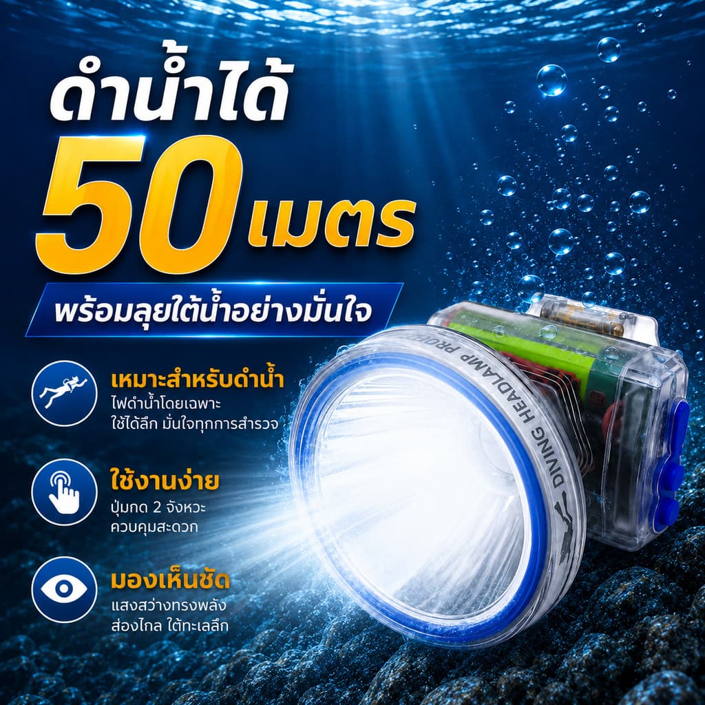 ไฟฉายเดินป่า ไฟฉายคาดหัว LED ดำน้ำลึก 50 เมตร กู้ภัย ก่อสร้าง หม้อแบต ส่องกบ หัวไฟชาร์จแบตได้ รูปที่ 6