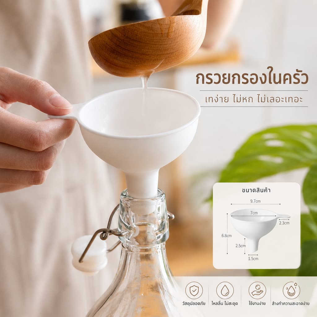 กรวยพลาสติก กรวยกรอกน้ำ กรวยมีด้ามจับ สำหรับน้ำมัน ซอส เครื่องปรุง ด้วยเส้นผ่านศูนย์กลาง 1.5 เซนติเมตร จึงเหมาะสำหรับปากขวดส่วนใหญ่ รูปที่ 2