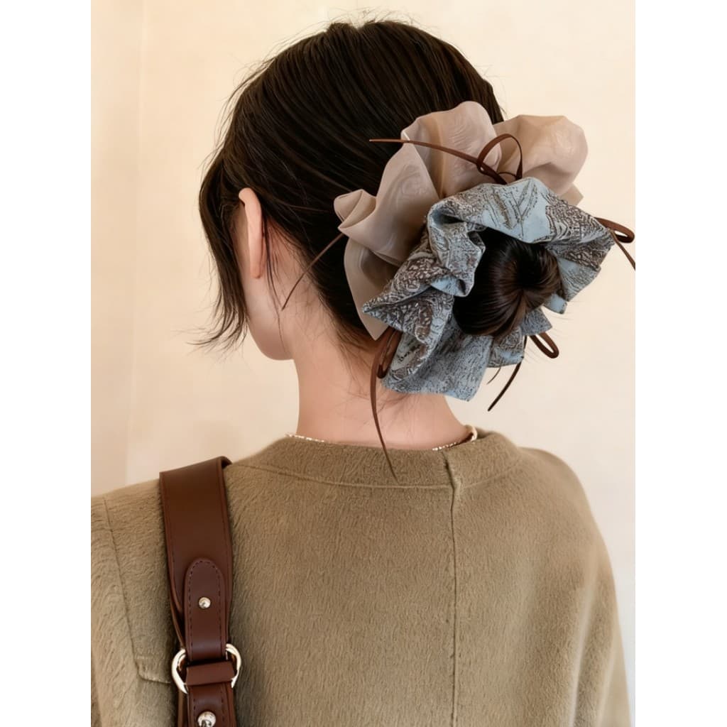 Vintage Floral Print Double-Lay Hair Rope Hair Ties Scrunchies เครื่องประดับผม รูปที่ 9
