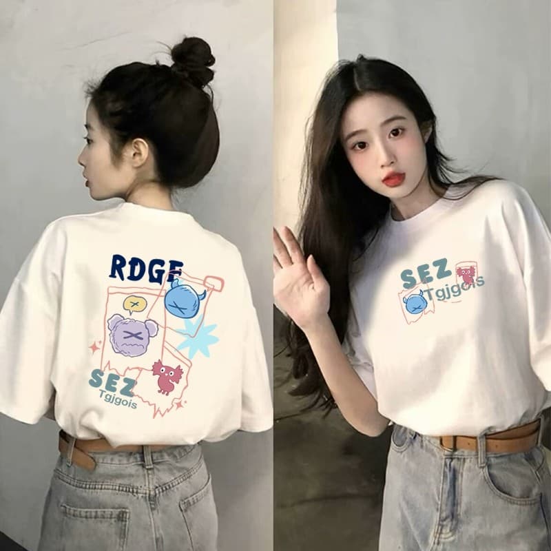 จัดส่งตลอด 24 ชั่วโมงเสื้อยืดผ้าคอตตอน 100% สำหรับผู้หญิง Oversize เสื้อผ้าย้อนยุค เวอร์ชั่นเกาหลี พิมพ์คอกลม แขนสั้น รูปที่ 5