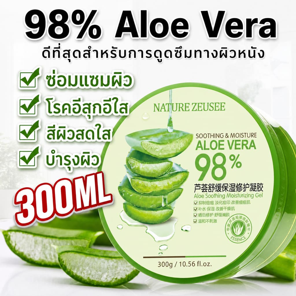 Aloe Vera Gel 98% 300g เจลว่านหางจระเข้ ชุ่มชื้น ซูทติ้ง หลังแดด สำหรับผิวแพ้ง่าย ซึมซาบไว ไม่เหนียว ลดรอยสิว