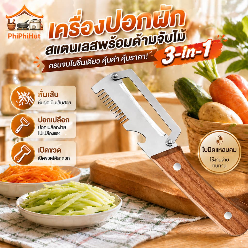 PPH เครื่องปอกมัลติฟังก์ชั่น 3-ใน-1 ใหม่ เครื่องปอกผักสแตนเลสพร้อมด้ามจับไม้ ที่เปิดขวด สําหรับมันฝรั่งแครอท รูปที่ 1