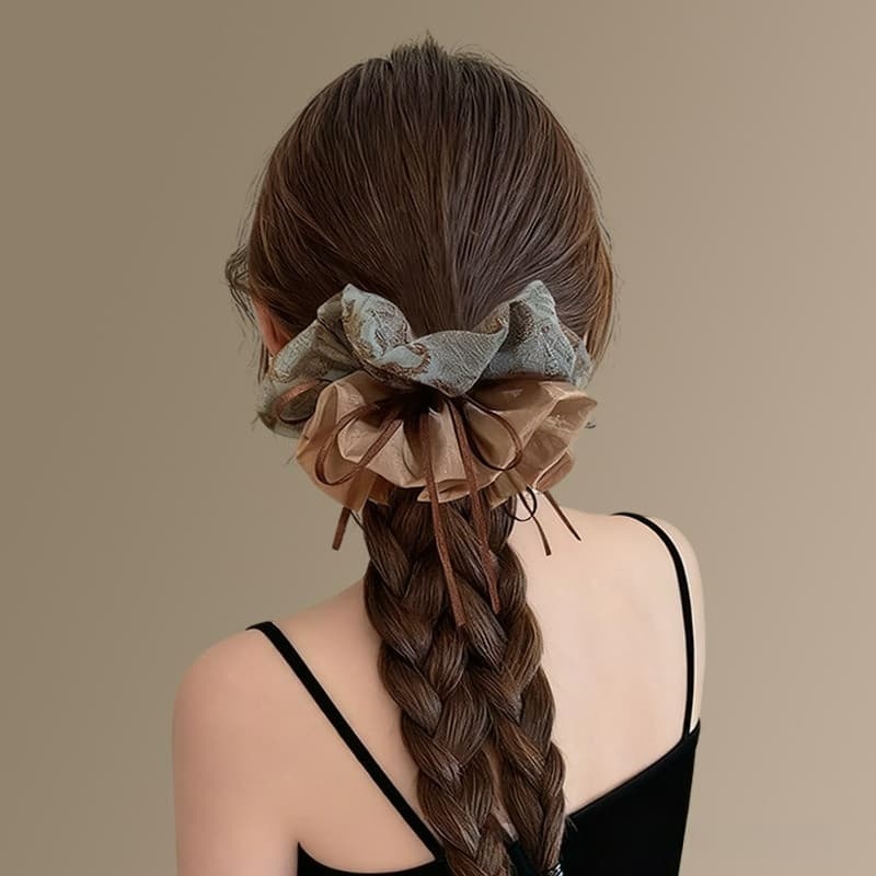 Vintage Floral Print Double-Lay Hair Rope Hair Ties Scrunchies เครื่องประดับผม รูปที่ 6