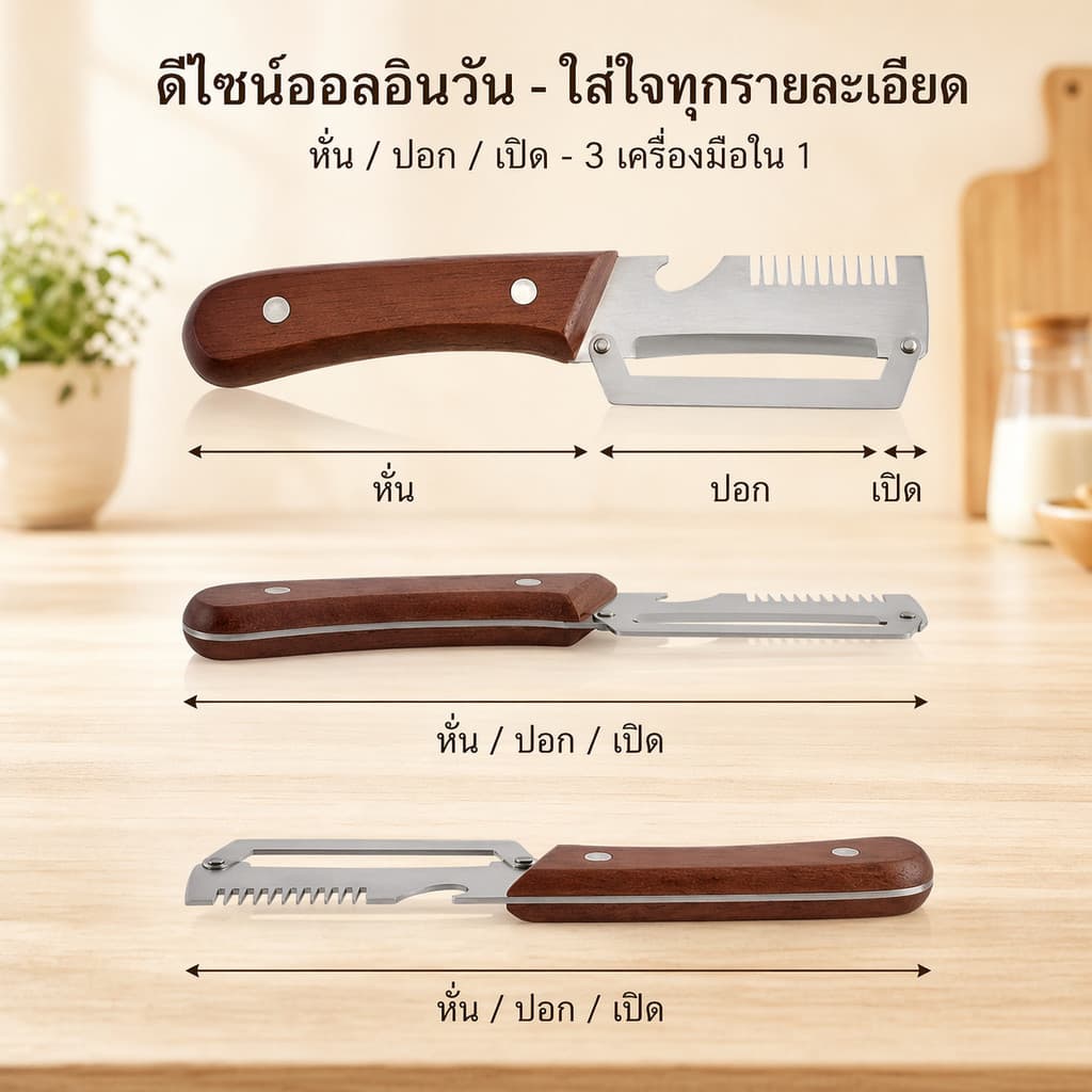 PPH เครื่องปอกมัลติฟังก์ชั่น 3-ใน-1 ใหม่ เครื่องปอกผักสแตนเลสพร้อมด้ามจับไม้ ที่เปิดขวด สําหรับมันฝรั่งแครอท รูปที่ 9