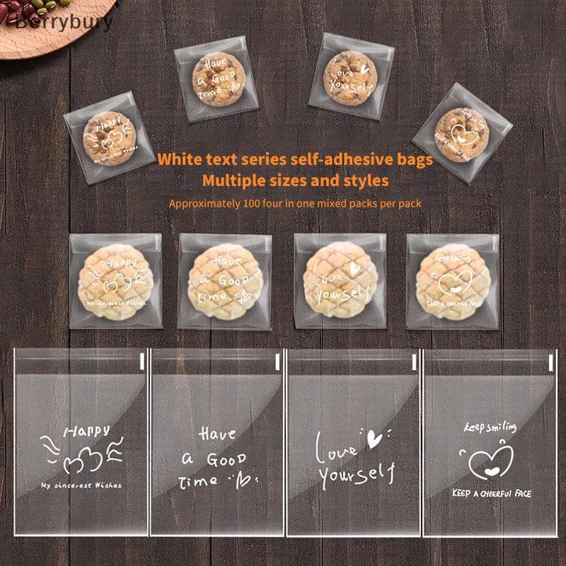 Berrybury 100 ชิ้น Happy Clear กระเป๋า Self กาว Candy คุกกี้เบเกอรี่กระเป๋า Self กาวของขวัญส่วนบุคคล Pastry บิสกิตบรรจุภัณฑ์ถุงใหม่ รูปที่ 3