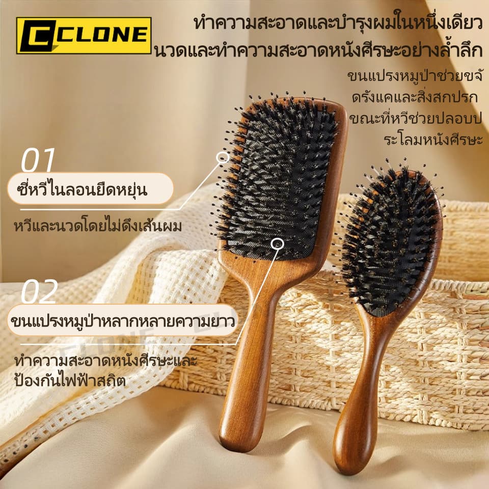 แปรงหวีผมขนหมูป่าธรรมชาติ ด้ามไม้จันทน์สีทอง ช่วยให้ผมเรียบลื่น ลดไฟฟ้าสถิต และนวดหนังศีรษะ รูปที่ 2