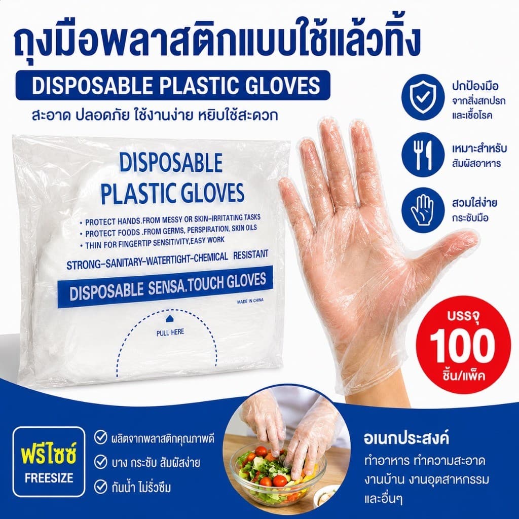 ถุงมือพลาสติกแบบใช้แล้วทิ้ง แบบบาง อเนกประสงค์ สุดคุ้ม รูปที่ 1