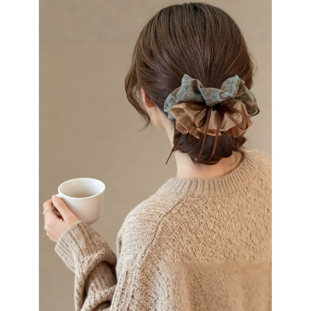 Vintage Floral Print Double-Lay Hair Rope Hair Ties Scrunchies เครื่องประดับผม รูปที่ 8