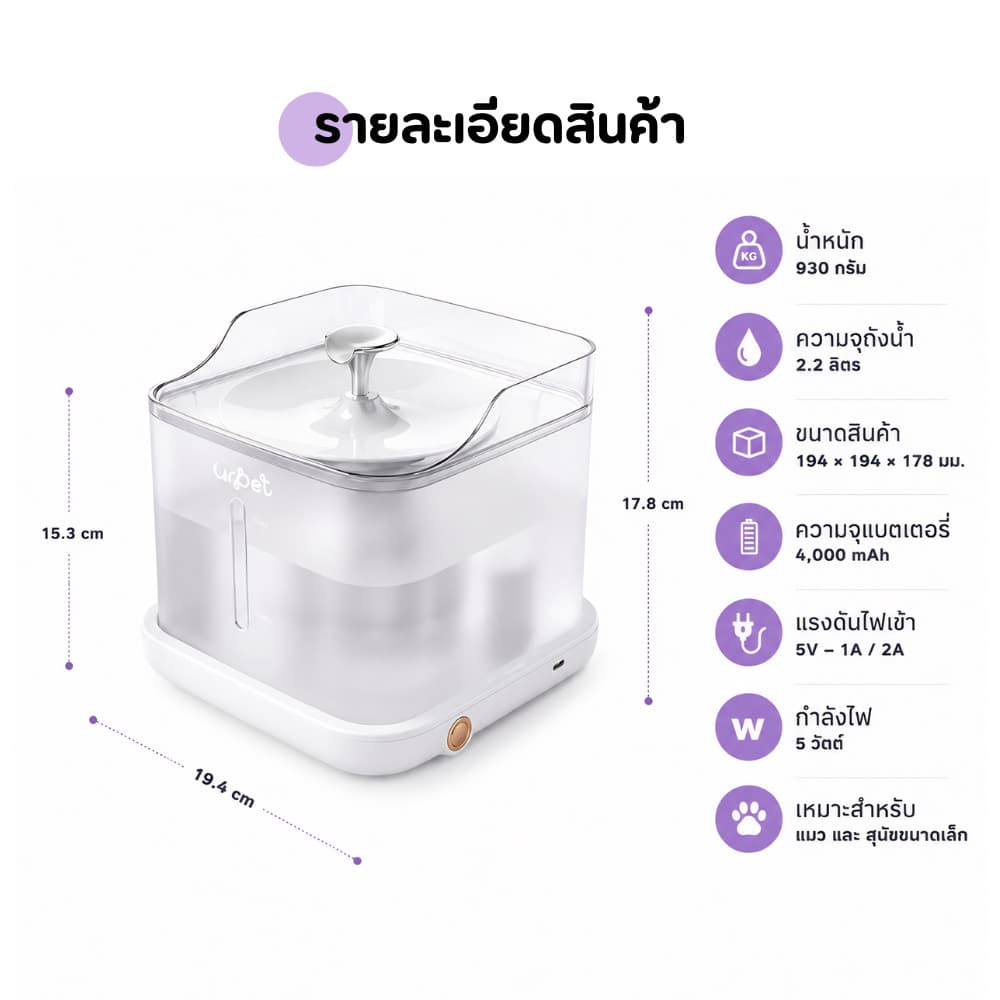 - UrPet FlowMini น้ำพุสัตว์เลี้ยงไร้สาย แบตเตอรี่ 4,000 mAh น้ำพุแมวไร้สาย รูปที่ 7